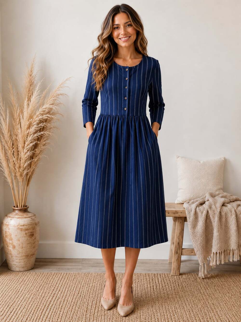 Polagram Blue Striped Midi Dress Button Front 3/4 Sleeve Size M
